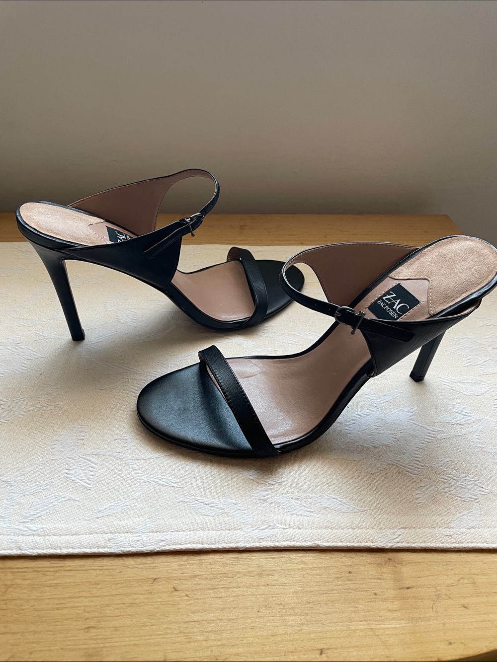 ZAC Zac Posen Black Leather Open-Toe Ankle-Strap Stilettos